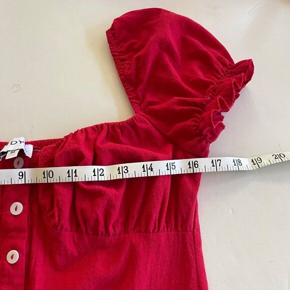 SNDYS Women's Kenny Button Up Blouse Red Puff Sleeve Off Shoulder Smocked Size M - Picture 5 of 7